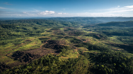 Aerial view of deforested jungle revealing a winding path