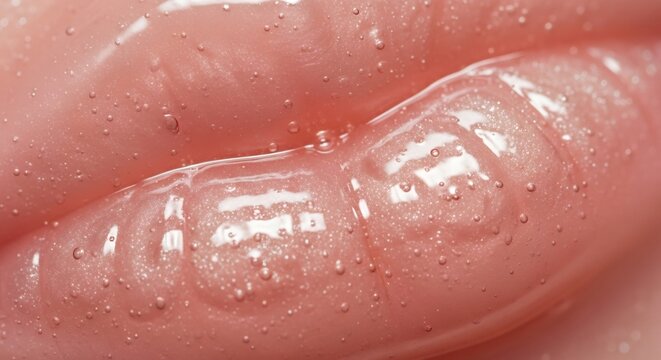 Close up macro shot of glossy pink lips with subtle shimmer and tiny bubbles.