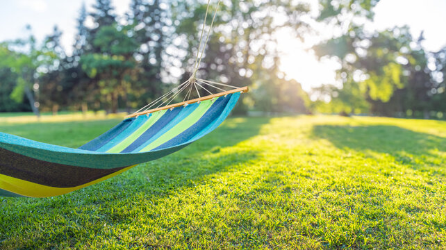 Colorful hammock hanging in sunny green garden backyard, blurred background