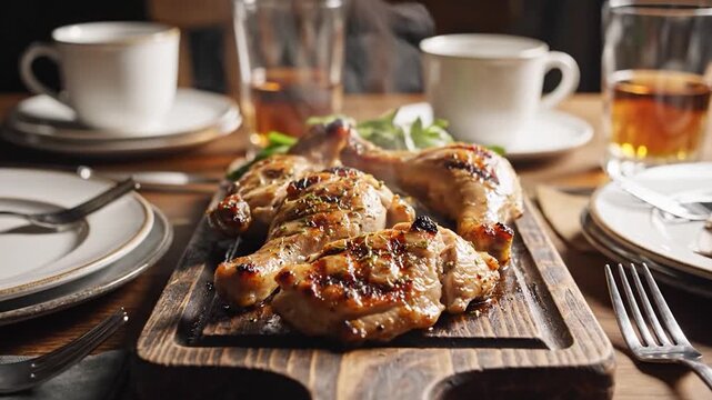 Steaming grilled chicken pieces on a rustic wooden board, ready for a meal.