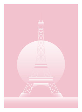 Minimal pastel illustration of the Eiffel Tower in soft pink tones with gradient effect. Elegant geometric vector design inspired by Paris aesthetic, romantic mood and modern flat style composition.