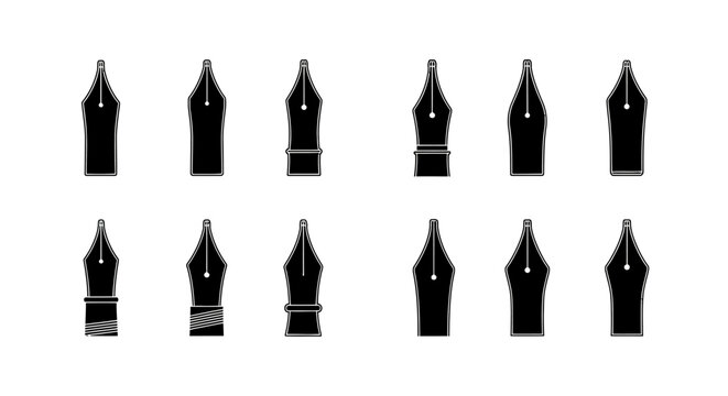 Twelve black silhouette fountain pen nibs in various styles, isolated on a white background
