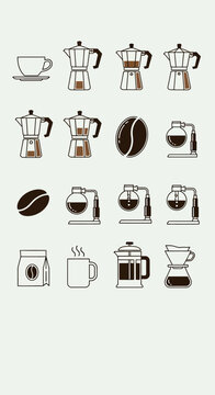 Coffee making line icon collection. Includes moka pots, coffee beans, siphon brewers, coffee bags, mugs, French press, and pour-over drippers. Created in outlined style with brown and gray