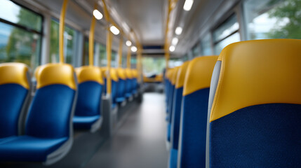 Fototapeta premium Clean interior perspective of empty school bus seating aligned in balanced symmetry, centered aisle creating strong leading lines, gentle overcast natural light diffusing softly th