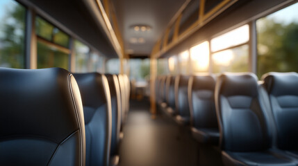 Ultra-realistic wide interior view of empty school bus seats arranged evenly on both sides of central aisle, bright natural light streaming in softly, smooth tonal balance, distrac