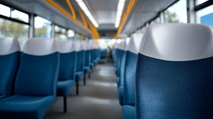 Detailed symmetrical interior shot of vacant school bus seats, centered camera angle emphasizing repetition and order, soft daylight highlighting textures without harsh shadows, ne