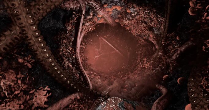 Deep within an underwater cave, colorful marine organisms intertwine with twisted roots and rocks, creating a bizarre and enchanting ecosystem full of surprises.