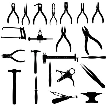 Jewelry making tools silhouette collection. Includes various pliers, hammers, saws, calipers, tweezers, and an anvil. Created in solid black vector style with a monochromatic palette.