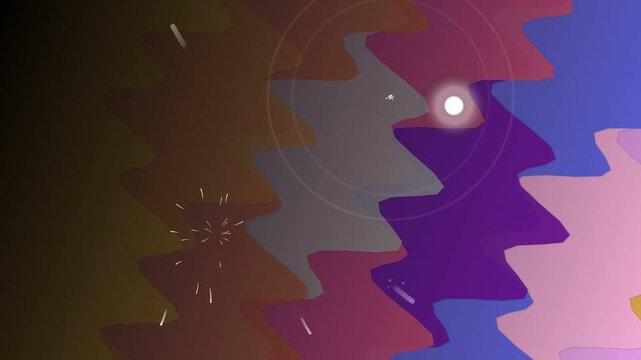 Abstract shapes rotate around a central point in a vibrant graphic illustration