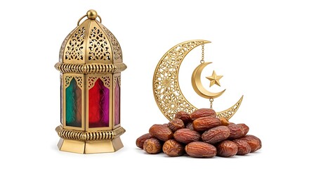 Golden Ramadhan Lantern with Dates and Crescent Moon