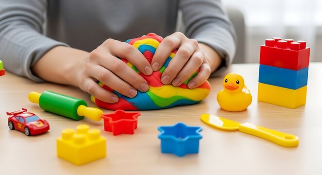 A child's hands are actively playing with colorful modeling clay and various toys on a wooden table.