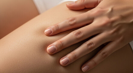 Fototapeta premium Close Up of Hand Touching Smooth Soft Skin for Skincare and Beauty Concept