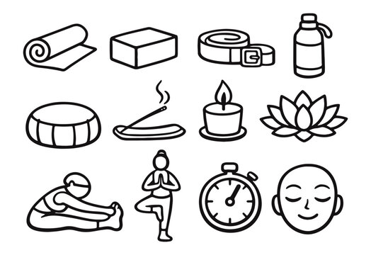 Yoga and Meditation Wellness Doodle Icons, Hand-Drawn Fitness and Spiritual Practice Line Art Set
