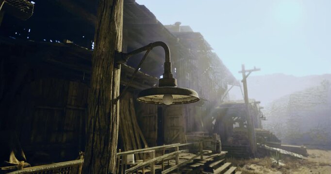 An old mining town features weathered wooden structures and a classic hanging lamp. Dust covers the ground while sunlight casts shadows, creating an eerie atmosphere.
