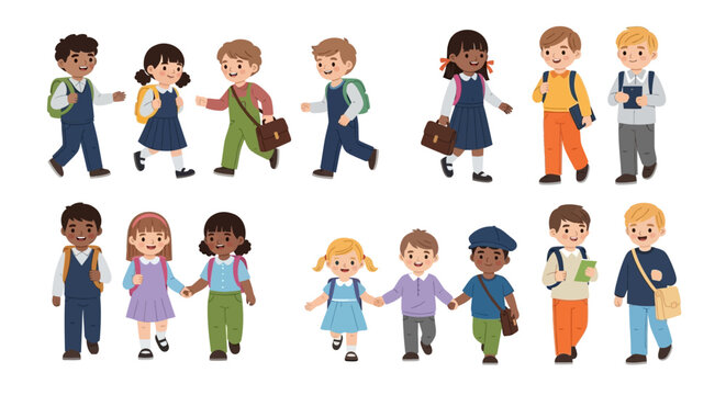 Group of diverse happy children wearing backpacks walking together in a line