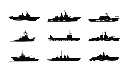 Collection of 12 modern military ship silhouettes in black on white background for design and editorial use © Jayshri