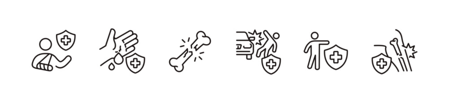 simple health care injury accident insurance icon line set life safety shield protection people medical emergency risk danger assurance service signs vector outline illustration