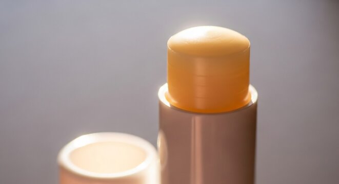 Close-up of a natural lip balm stick with a light orange cap.