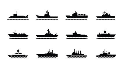 Collection of 12 minimalistic military ship silhouettes on water naval fleet icons set © Jayshri