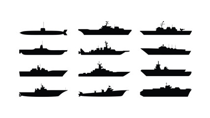Collection of various naval vessel silhouettes on white background including submarines and warships in different designs and configurations © Jayshri