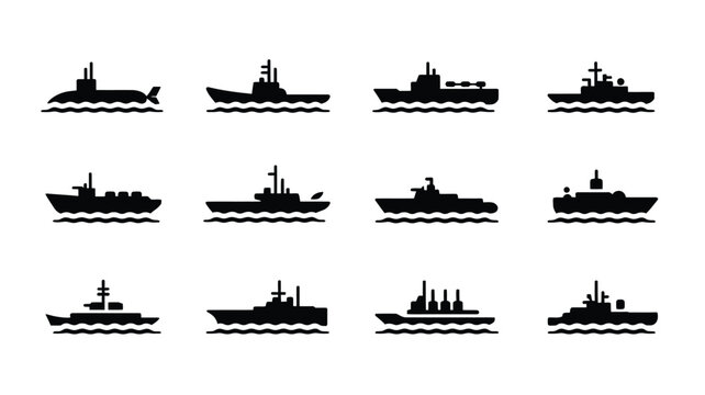 Collection of 12 minimalistic military ship silhouettes on water naval fleet icons set