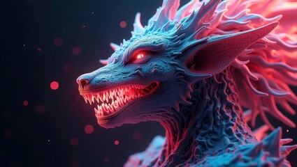 Fierce blue dragon with glowing red eyes and pink mane mythical creature fantasy