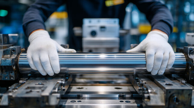 Faceless medium perspective of hands wearing white gloves guiding a polished metal cylinder into a high-precision testing machine, bright laboratory with stainless steel and glass