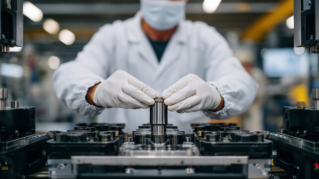 Medium shot of hands in crisp white gloves carefully inserting a metal cylinder into an advanced quality control machine, laboratory bathed in bright neutral light, polished metall