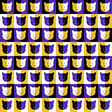 Seamless geometric pattern with stylized cat faces creating peripheral drift optical illusion. Vector background, colorful tiled design, abstract animal texture.