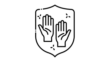 Obraz premium Vector icon featuring two open hands inside a shield outline with dash details
