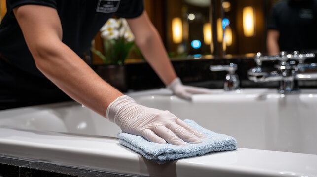 High-resolution close-up of impersonal hands in gloves wiping a sleek bathtub, microfiber cloth gliding across smooth acrylic, reflective chrome fixtures in background, soft ambien