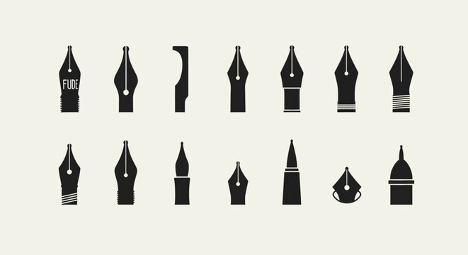 Calligraphy pen nibs icon collection. Includes various styles of writing and drawing tools, fountain pen tips, and ink pen accessories. Created in solid black silhouette style with a monochrome