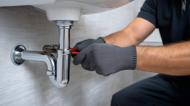 Medium close-up of faceless hands in gloves using a wrench to secure a chrome pipe under a modern wall-mounted bidet, ambient light highlighting metallic textures, clean white bath