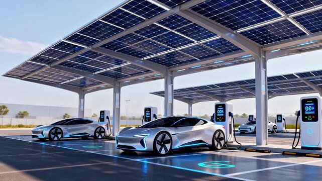 Electric cars charging under solar panels
