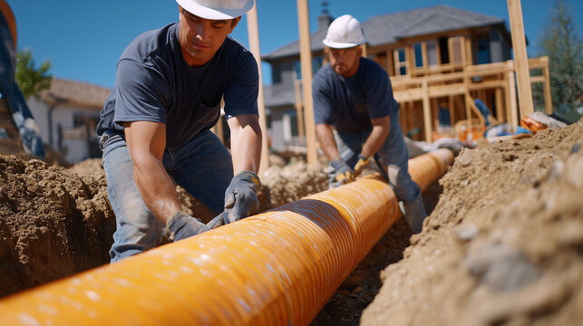 Close-up perspective of skilled plumbers aligning large-diameter orange sewer pipes with precision connectors, trench base layered with gravel for drainage stability, steel rebar f