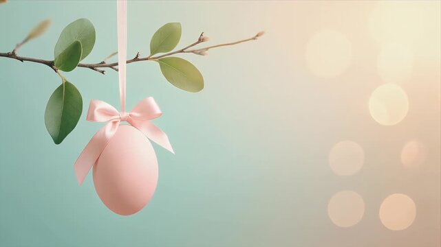 Pink Easter egg with ribbon hanging from tree branch with green leaves