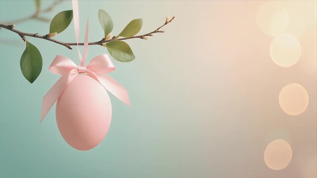 Elegant pink Easter egg hanging from tree branch with ribbon