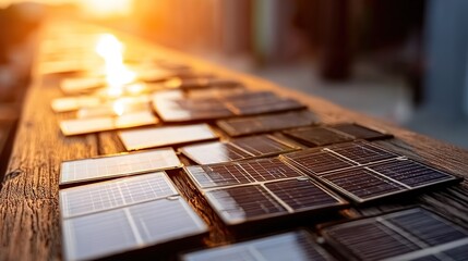 Fototapeta premium Miniature solar panels arranged like a mosaic on a wooden railing, glowing with golden sunlight, symbolizing renewable energy.