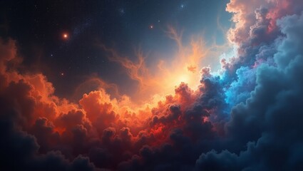 Fiery orange and blue clouds against a starry night sky stars
