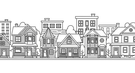 Fototapeta premium Black and white illustration of a row of houses.