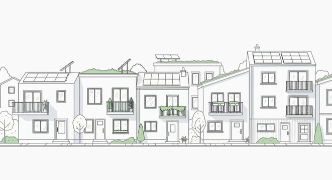 Modern residential buildings with solar panels on rooftops in a suburban neighborhood.