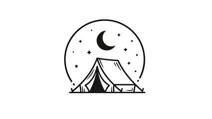 Black and white line art of a tent under a crescent moon and stars in a circle © gudangPIXEL