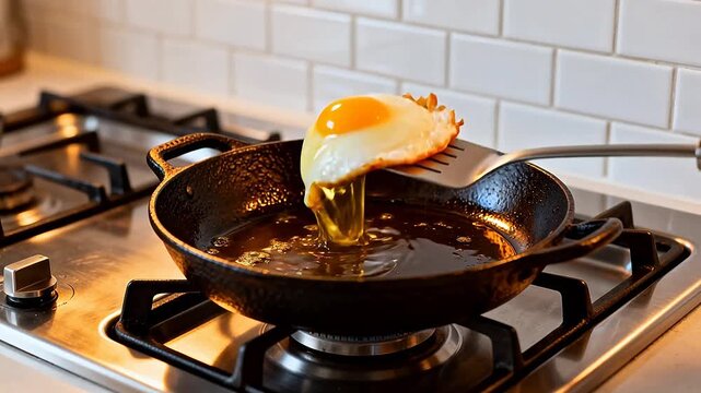 Fried egg cooking in cast iron skillet