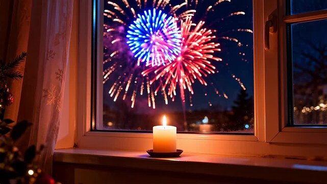 Candlelit window view of fireworks