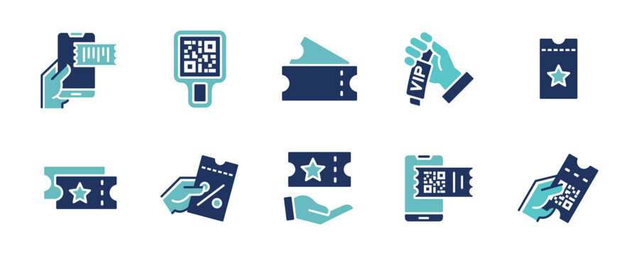 Ticket voucher coupon icon set. Cinema, concert, flight, train, transport, sport, booking pass access reservation signs vector illustration with bicolor style