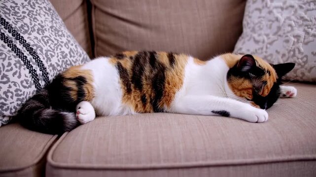 A calico cat sleeps soundly on a beige sofa, nestled near patterned pillows