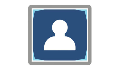 A white silhouette person is centered within a dark blue square within a grey frame