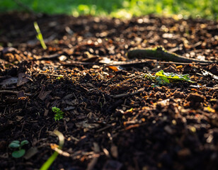 Organic forest floor soil texture with decaying leaves and rich compost patterns
