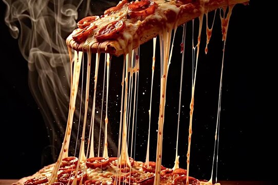 Appetizing slice of hot pepperoni pizza lifting off a wooden board with stringy melted cheese stretching and dripping against a dark background, creating an irresistible and gooey food moment