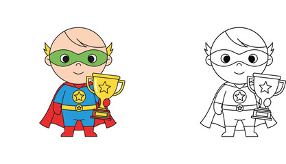 Cute Superhero Baby Holding a Gold Trophy Illustration and Line Art Coloring Page for Kids - Success, Victory, and Achievement Concept Vector (148 Characters) © MMONIR